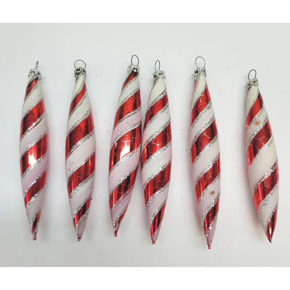 Columbia Red White Candy Cane Striped Glass Icicle Christmas Ornaments Set of 6
